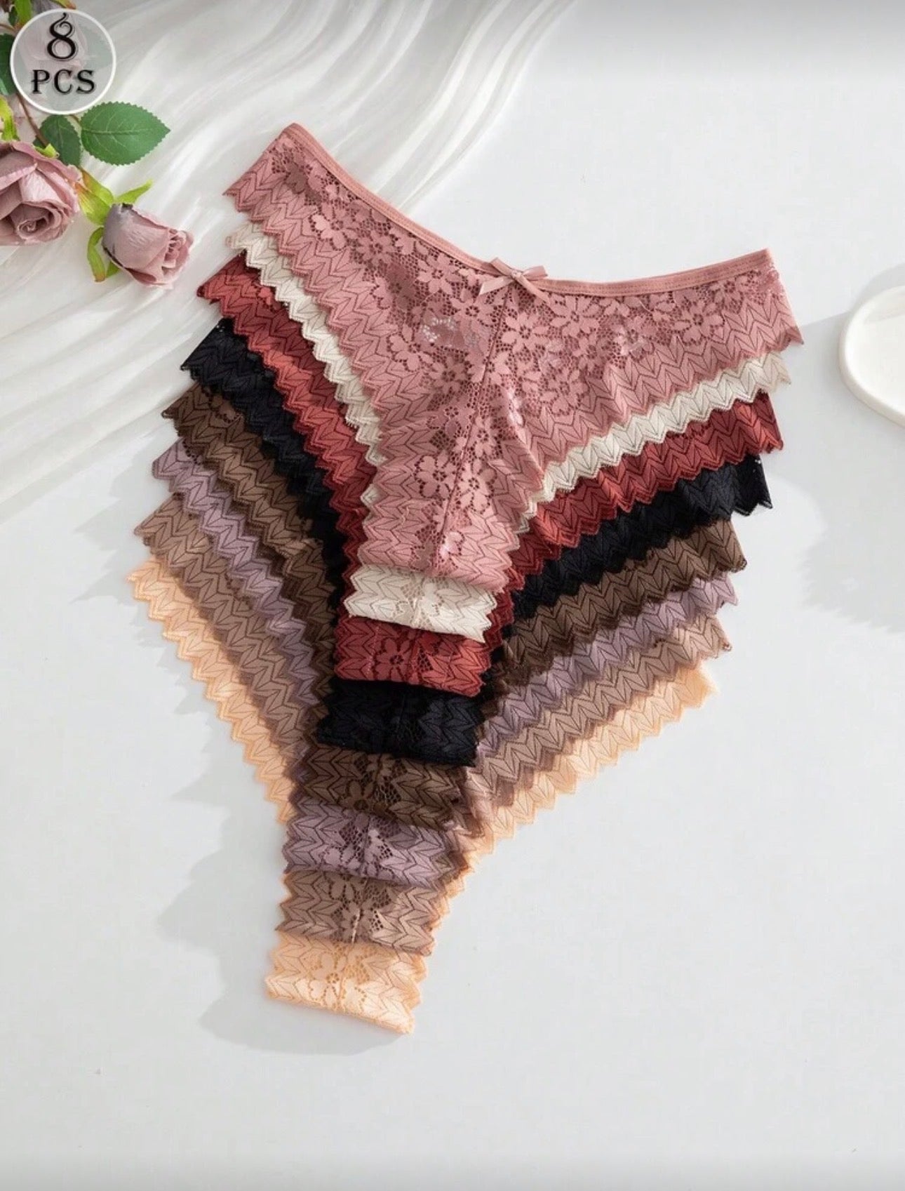 Set de 8 tangas de encaje románticos y sexys para mujer, multicolor