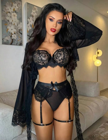 Conjunto de lencería sexy de 6 piezas para mujer, estilo gótico elegante y maduro, que incluye: blusa de encaje y malla holgada, tanga, liguero, 2 anillos para las piernas y bata corta con cordones de encaje largo.