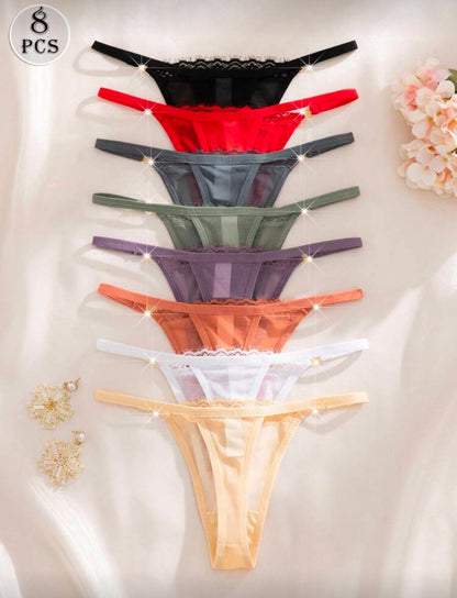 Set de 8 bragas tipo tanga para mujer con encaje y malla romántica en estilo splice