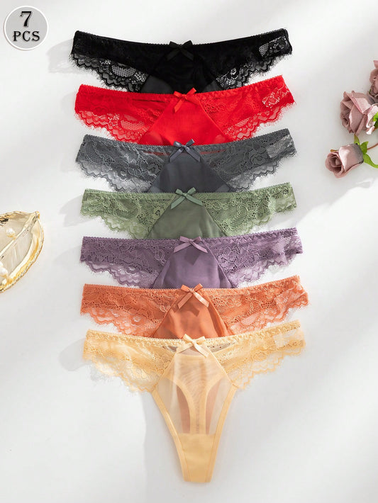7 piezas/paquete Bragas francesas románticas multicolor con tanga sexy para mujeres