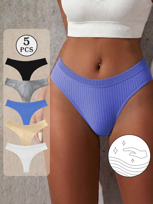 Paquete de 5 bragas tipo tanga sexy y sin costuras para mujer, de unicolor suave y de cintura baja, ropa interior minimalista