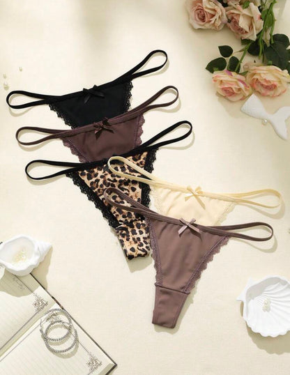 Set de 5 piezas de bragas tipo tanga con estampado de leopardo y parches de encaje con moño para mujer