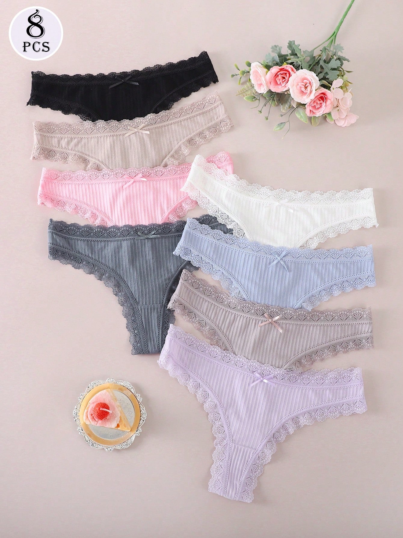 Paquete de 8 tangas de encaje para mujer, ropa interior de encaje versátil y cómoda, tangas de mujer