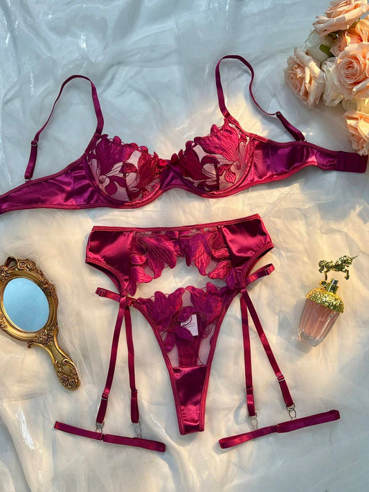 5 piezas/Conjunto de lencería sexy para mujeres, en rojo violeta