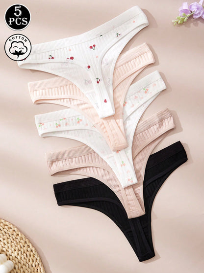 5 piezas Bragas minimalistas y lindas de algodón para mujer, tanga con bordado floral en relieve