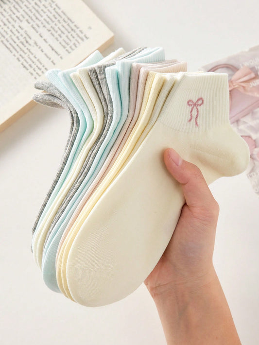 5 pares de calcetines cortos invisibles con decoración de lazo, cómodos y transpirables, para mujer. Calcetines tipo tobillero y de corte bajo, en colores blancos, rosas y de caramelo, adecuados para uso casual diario, en todas las estaciones.