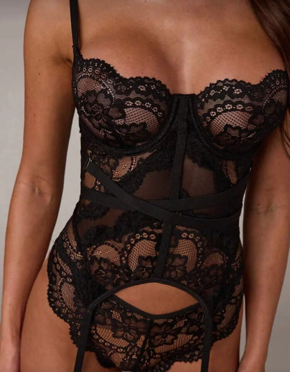 Conjunto de lencería sexy de 4 piezas con sujetador y bragas, con cinta decorativa para salir