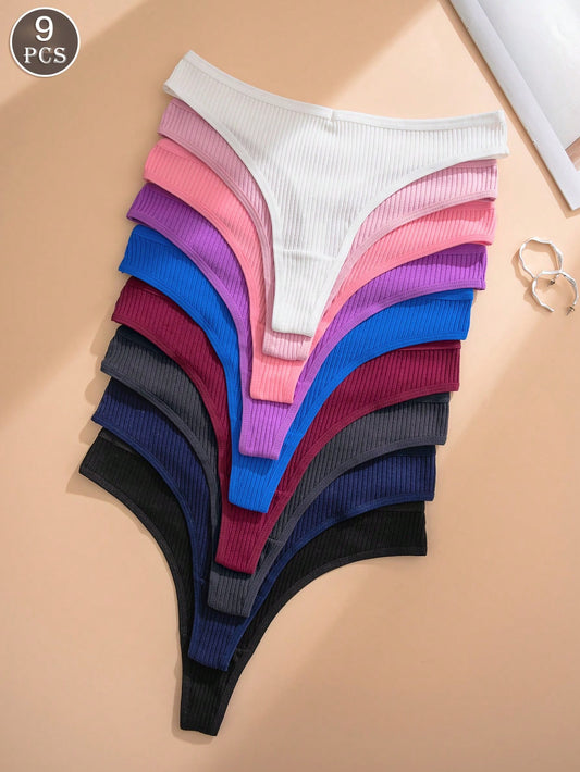 Set de 9 piezas de ropa interior sexy tipo espalda T de unicolor y acanalada, transpirable, para mujeres