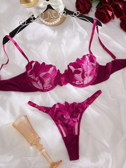 Conjunto de lencería sexy para mujer con bordado floral y soporte de aro, 2 piezas, conjunto de bra y panty