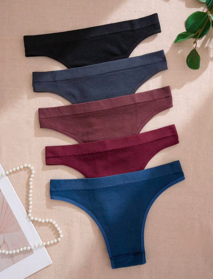 Set de 5 piezas/Paquete de bragas sin costuras de talle súper bajo y cintura moldeada de punto, multicolor