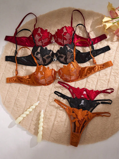 Conjunto x 3 de dos piezas de sujetador para mujer con diseño bordado de flor de lirio en forma de corazón suave panty graduable.