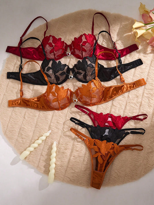 Conjunto x 3 de dos piezas de sujetador para mujer con diseño bordado de flor de lirio en forma de corazón suave panty graduable.