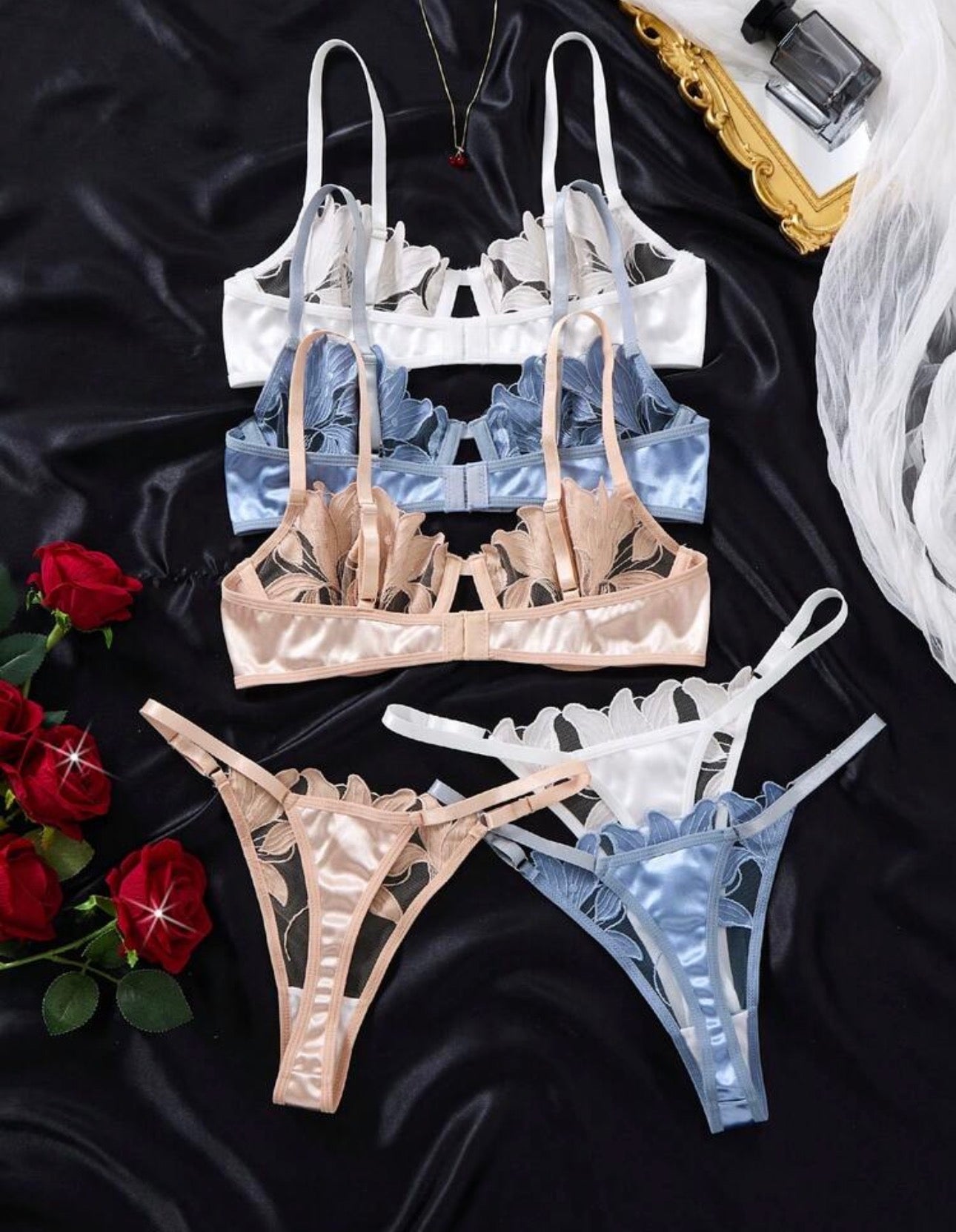 Conjunto x 3 de dos piezas de sujetador para mujer con diseño bordado de flor de lirio en forma de corazón suave panty graduable.