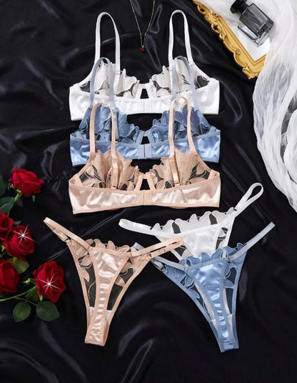 Conjunto x 3 de dos piezas de sujetador para mujer con diseño bordado de flor de lirio en forma de corazón suave panty graduable.