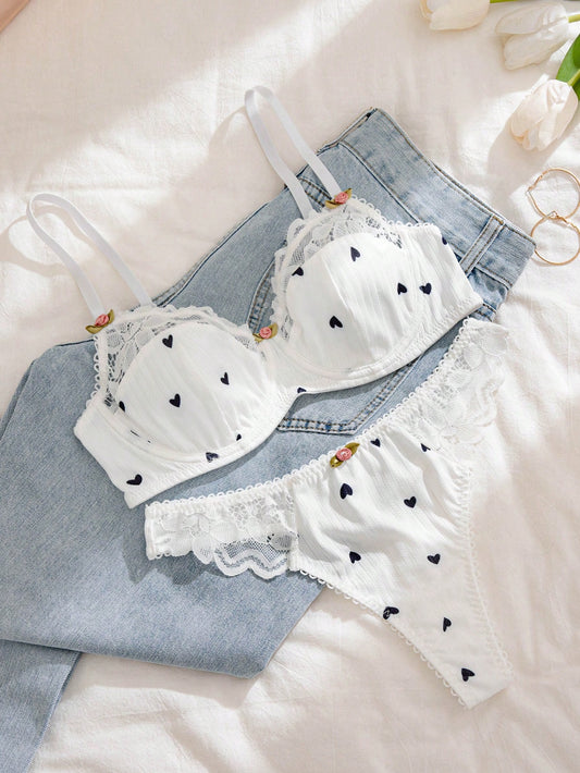 Conjunto de ropa interior con sujetador y pantie de 2 piezas con estampado de corazón y encaje en contraste, lencería