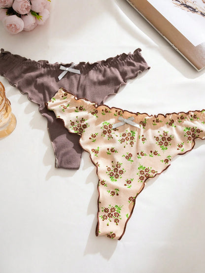 Set de 5 bragas tipo tanga con estampado floral, volantes y tela acanalada sexy