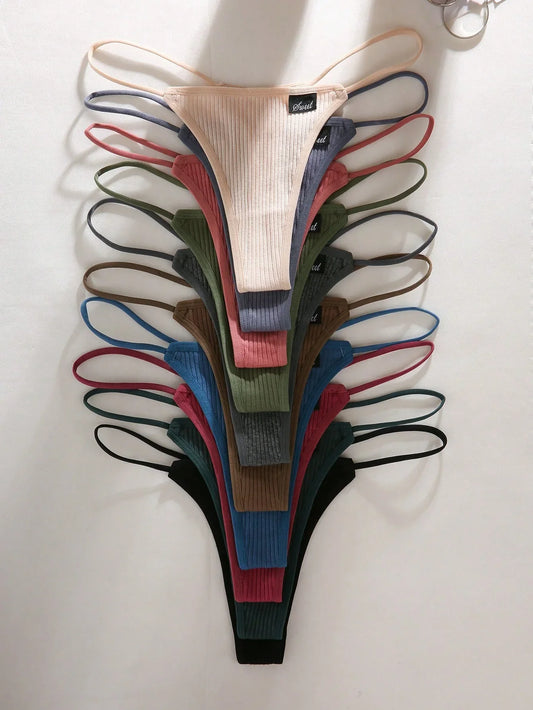 Paquete de 10 piezas de bragas de tanga elásticas estriadas de unicolor sexy