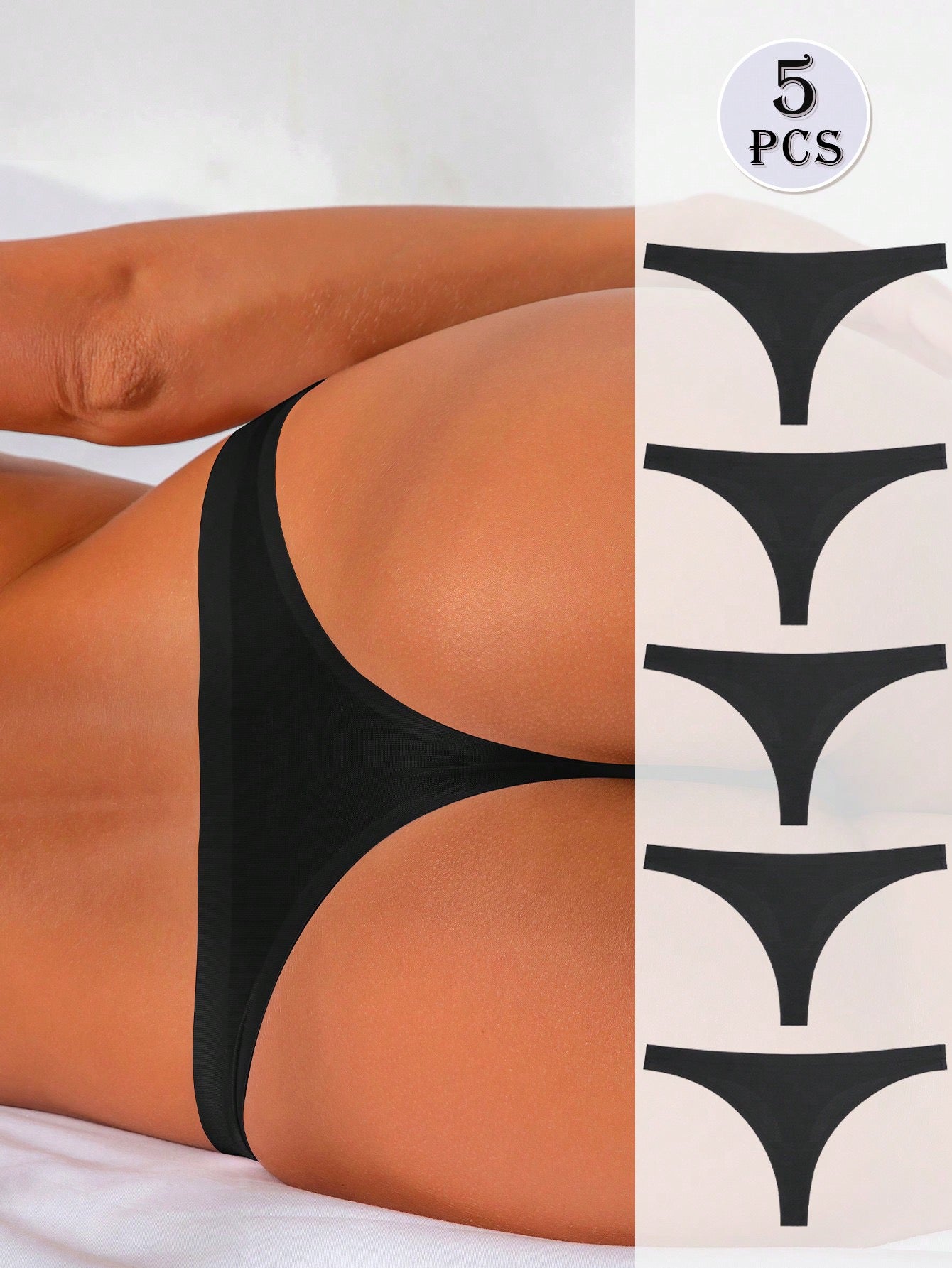 Set de 5 piezas de tangas de mujer sin costuras, cómodos, de talle bajo y sexy negro
