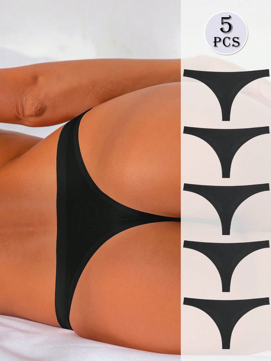 Set de 5 piezas de tangas de mujer sin costuras, cómodos, de talle bajo y sexy negro