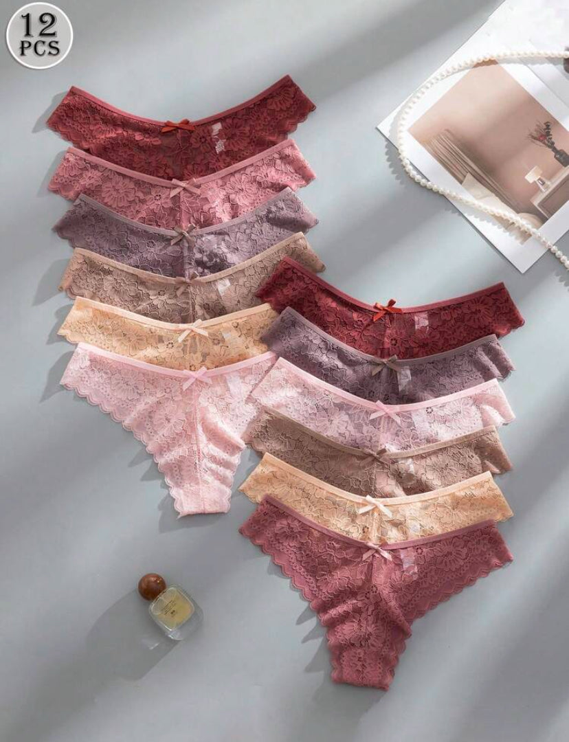 12 piezas/Paquete Bragas elegantes y cómodas con ribete de encaje para mujeres