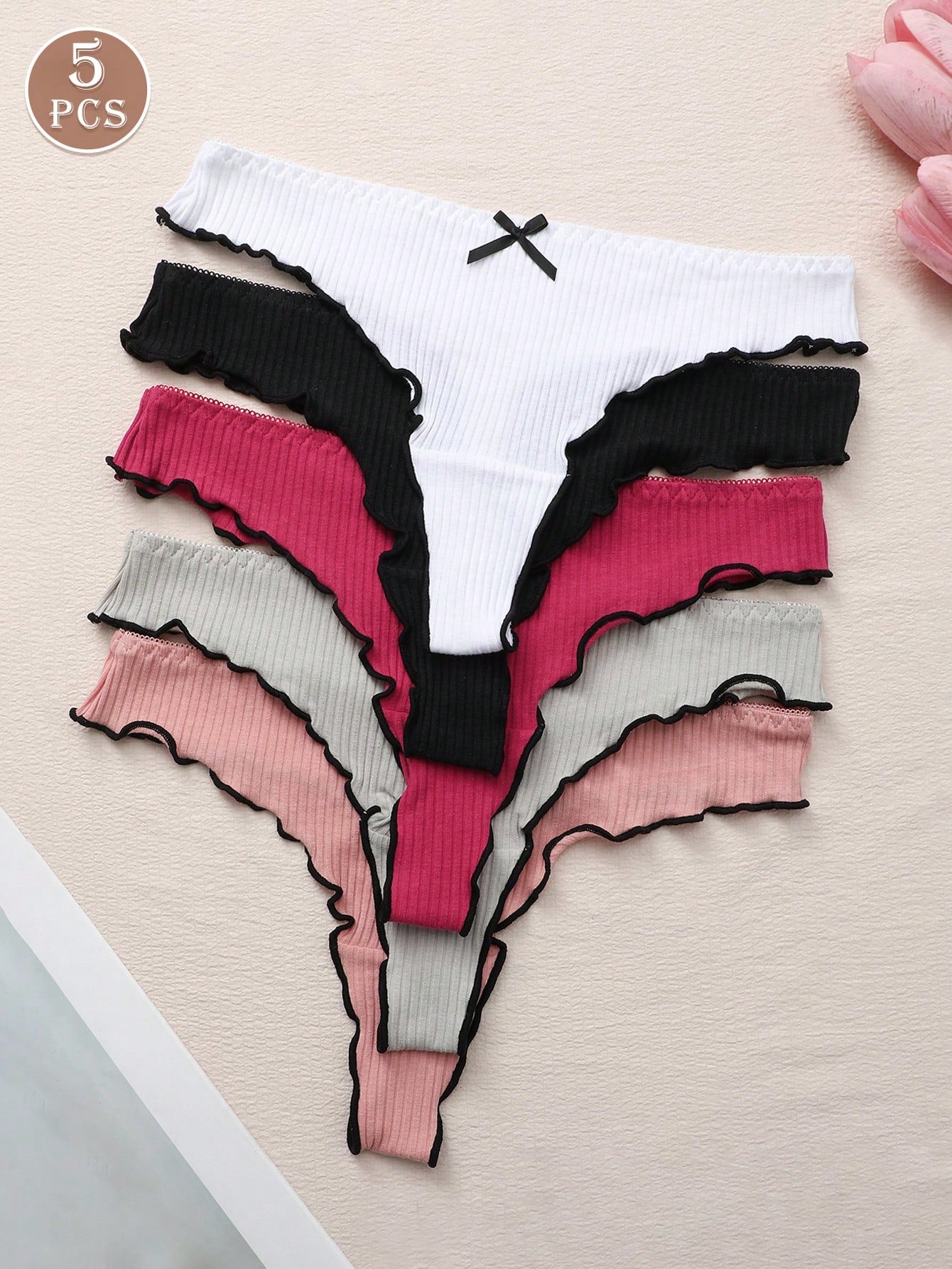 Paquete de 5 bragas tipo tanga de mujer con lazo y rayas de cintura baja, ropa interior elástica suave y cómoda, uso diario de moda