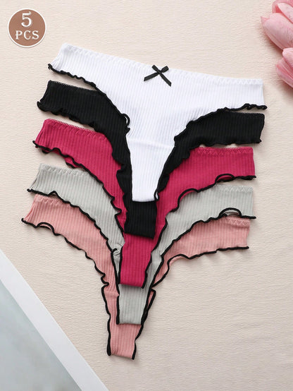 Paquete de 5 bragas tipo tanga de mujer con lazo y rayas de cintura baja, ropa interior elástica suave y cómoda, uso diario de moda