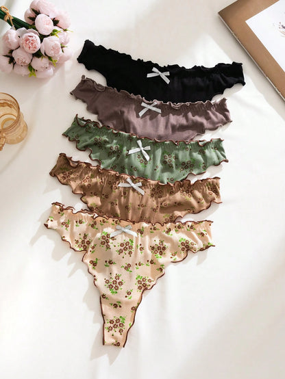 Set de 5 bragas tipo tanga con estampado floral, volantes y tela acanalada sexy