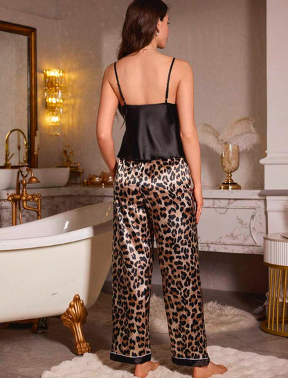 Conjunto de pijama para mujer con top de tirantes con volantes y lazo en unicolor, y pantalones con estampado de leopardo, para vacaciones