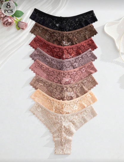 Set de 8 tangas de encaje románticos y sexys para mujer, multicolor