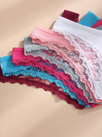 6 piezas/paquete Tanga de mujer con parche de encaje y lazo de unicolor, lencería sexy y cómoda con estiramiento