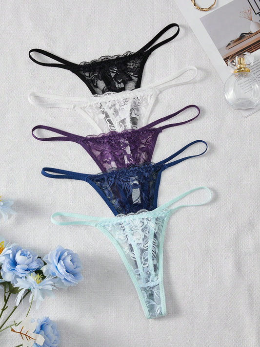 Conjunto de 5 tangas sexys de encaje para mujeres, ropa interior sexy transpirable y cómoda