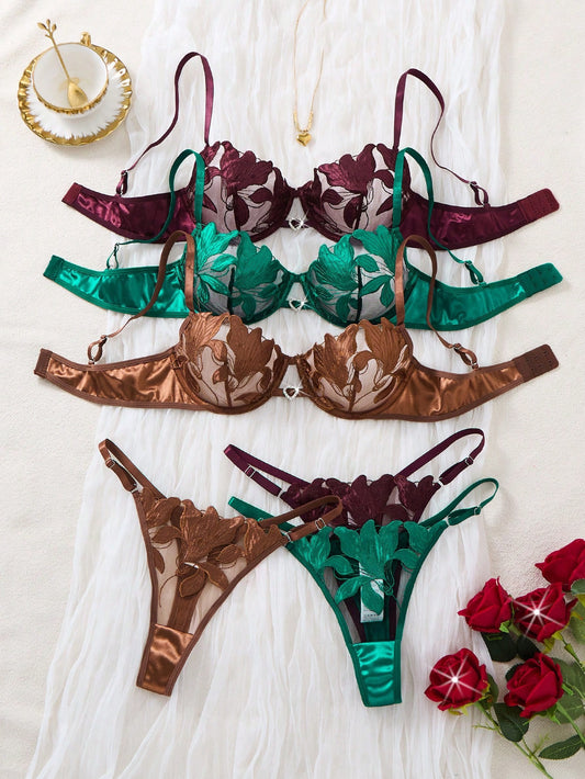 Conjunto x 3 de dos piezas de sujetador para mujer con diseño bordado de flor de lirio en forma de corazón suave panty graduable.
