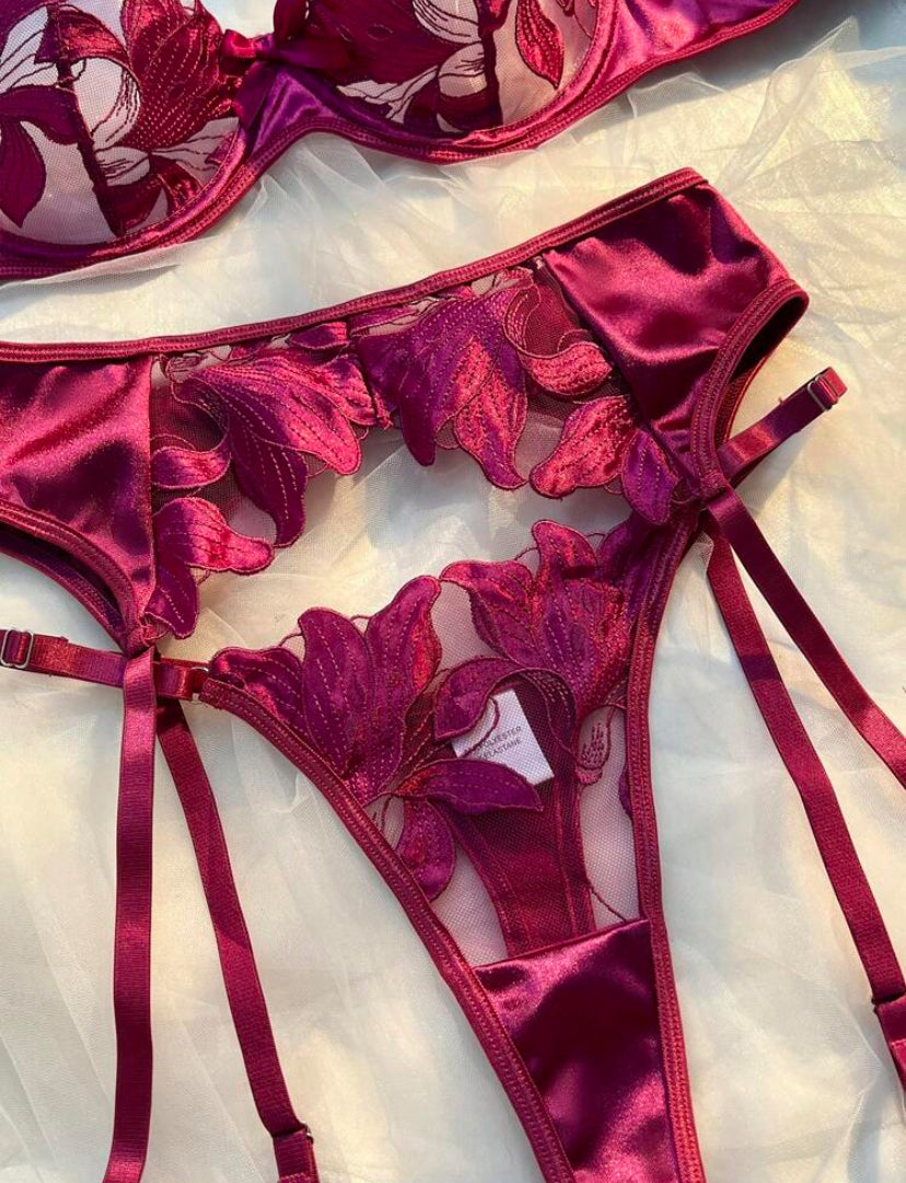 5 piezas/Conjunto de lencería sexy para mujeres, en rojo violeta