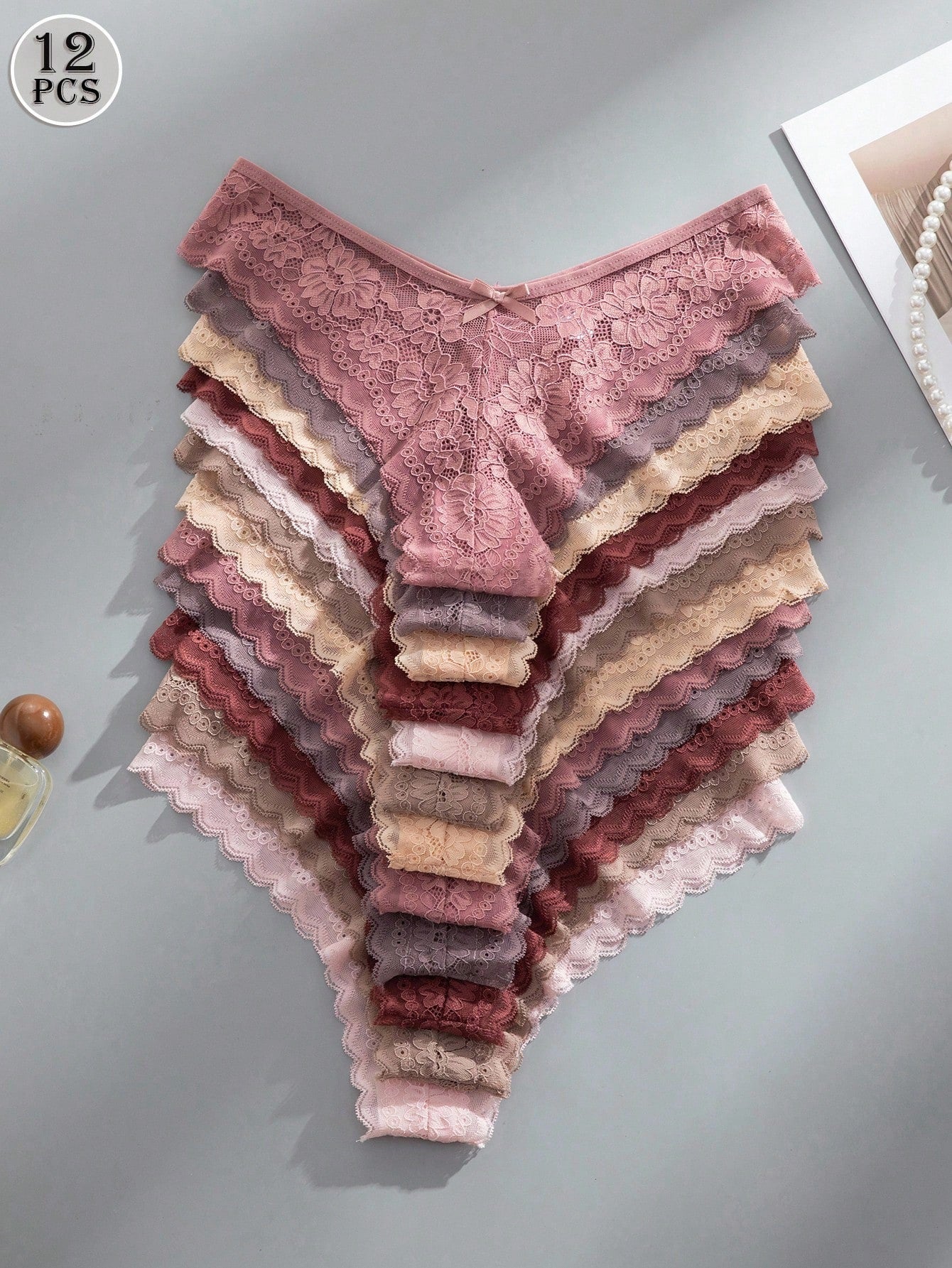 12 piezas/Paquete Bragas elegantes y cómodas con ribete de encaje para mujeres