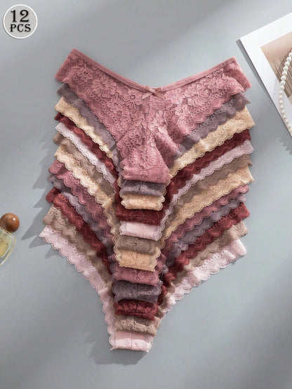 12 piezas/Paquete Bragas elegantes y cómodas con ribete de encaje para mujeres