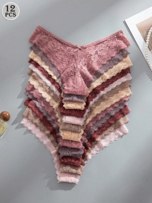 12 piezas/Paquete Bragas elegantes y cómodas con ribete de encaje para mujeres