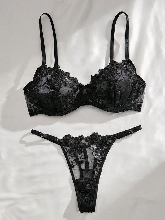 2 piezas Conjunto de lencería de dama negro de encaje bordado transparente de malla de unicolor con sujetador y tanga