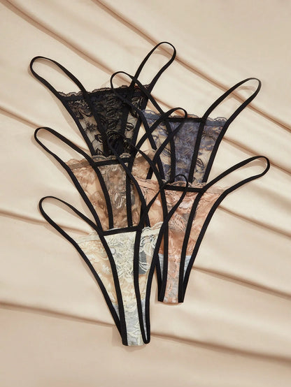 Set de 5 tangas de encaje sexy para mujer, ropa interior romántica para damas