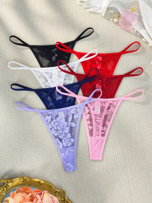 Set de 7 bragas de tanga de encaje sexy y cómodas de cintura baja y multicolor para mujeres