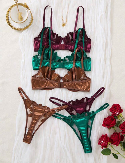 Conjunto x 3 de dos piezas de sujetador para mujer con diseño bordado de flor de lirio en forma de corazón suave panty graduable.