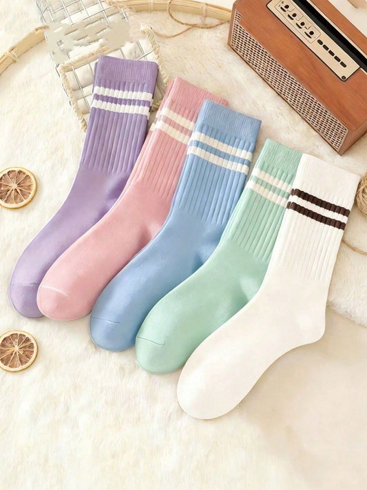 5 pares de calcetines medianos de mujer con doble barra, calcetines cómodos, casuales y versátiles para todas las estaciones.