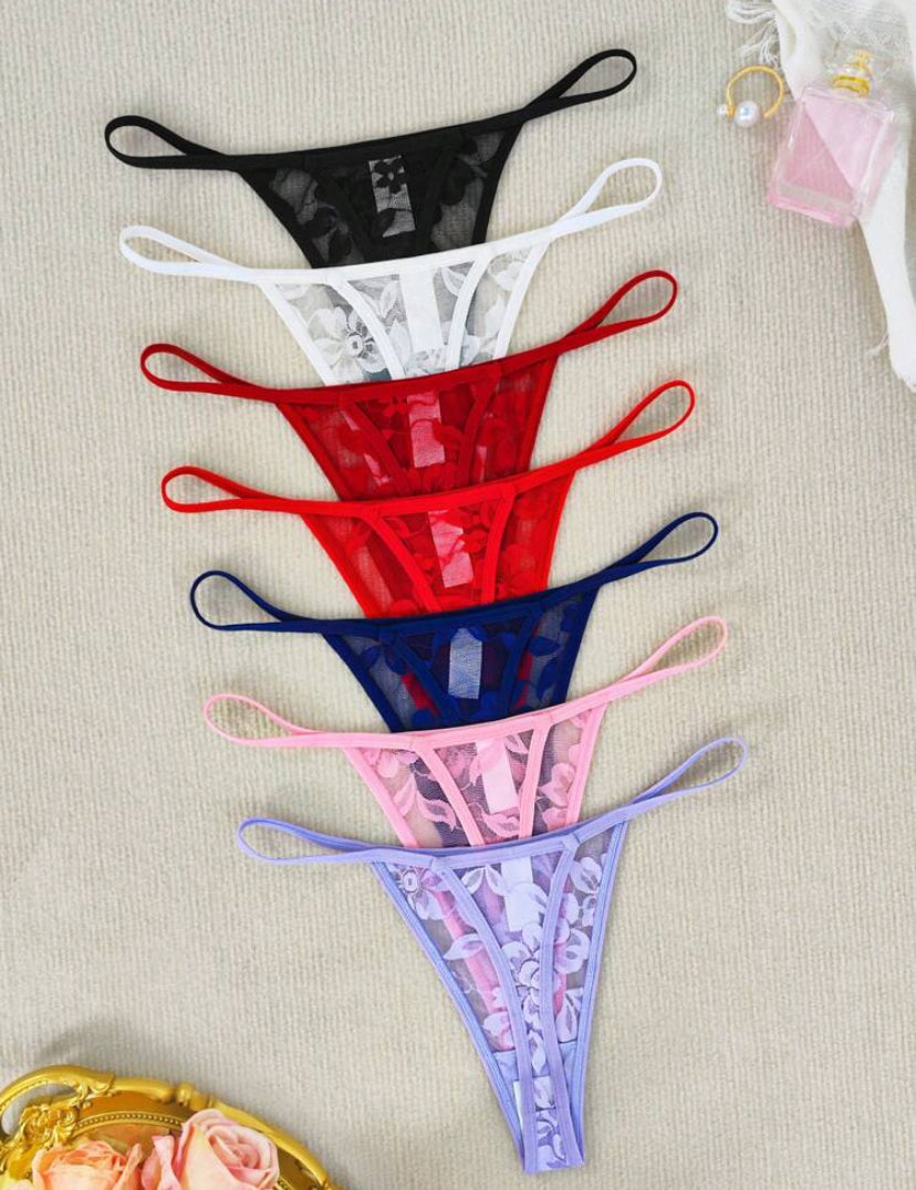 Set de 7 bragas de tanga de encaje sexy y cómodas de cintura baja y multicolor para mujeres