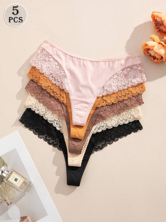 Set de 5 bragas/tangas de encaje francés elegante con empalme sin costuras para mujeres, ideales para trajes de baño