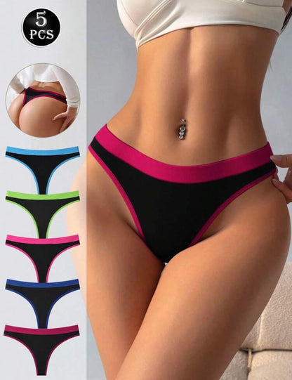 5 piezas de tangas de mujer de cintura baja sin costuras con bloques de color, sexy, elásticas y cómodas