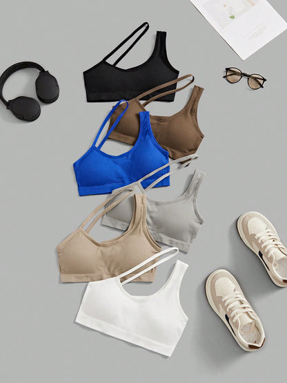 Sujetadores deportivos de verano de color liso, sin costuras y con cuello asimétrico (paquete de 6)