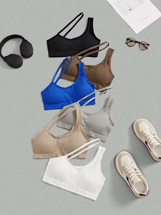 Sujetadores deportivos de verano de color liso, sin costuras y con cuello asimétrico (paquete de 6)