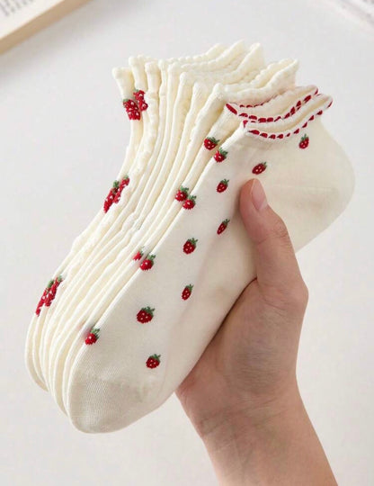 5 pares de calcetines de tobillo blancos para mujer con diseño de fresa, transpirables y antideslizantes, adecuados para primavera y verano, aptos para deportes y ocio