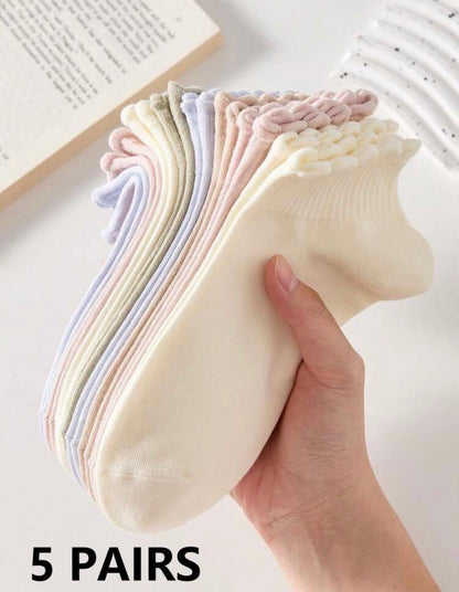5 pares de calcetines cortos de mujer con diseño acanalado y encaje, antideslizantes, cómodos y transpirables, adecuados para todas las estaciones, para deportes y ocio