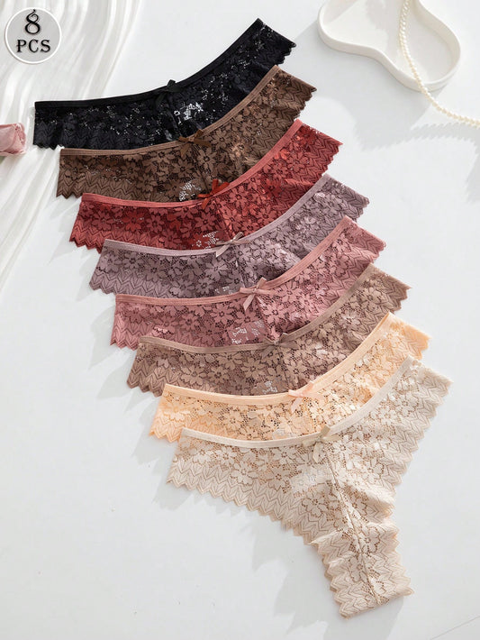 Set de 8 tangas de encaje románticos y sexys para mujer, multicolor