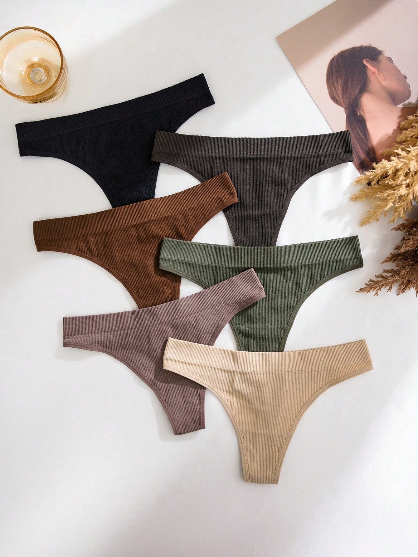 6 piezas/paquete Bragas tipo tanga sin costuras y acanaladas para mujer, de uso casual regular